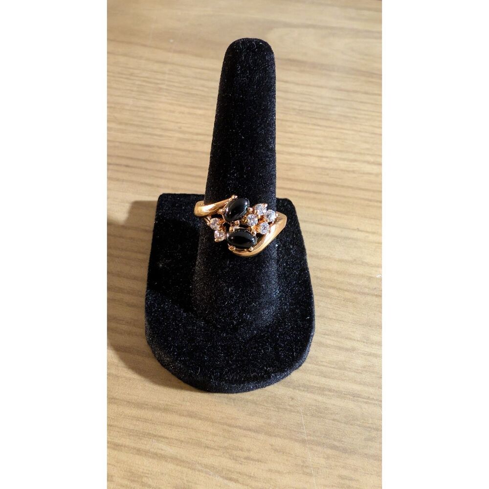 VTG SETA GOLD-TONE BLACK & CZ STONES RING SIZE 6
